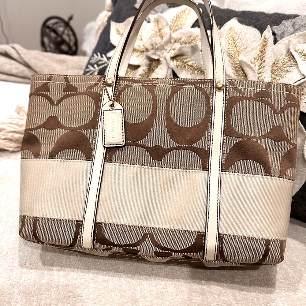 COACH Monogram Rainbow Stripe Canvas Satchel